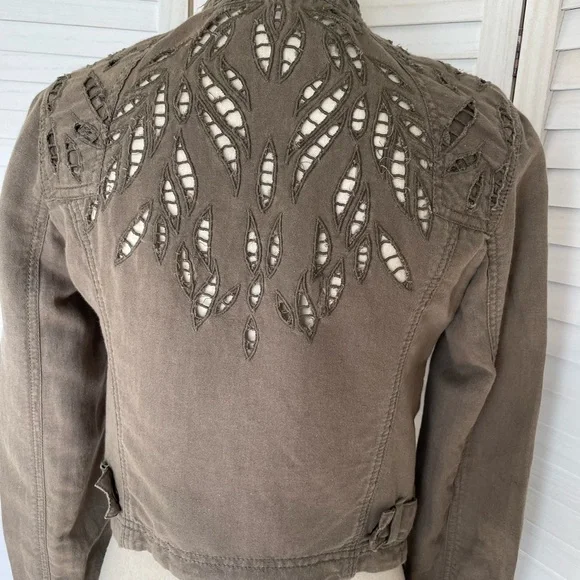 Free People Sz 4 Linen Cotton Eyelet Moto Jacket Olive Green Zip - Picture 13 of 13